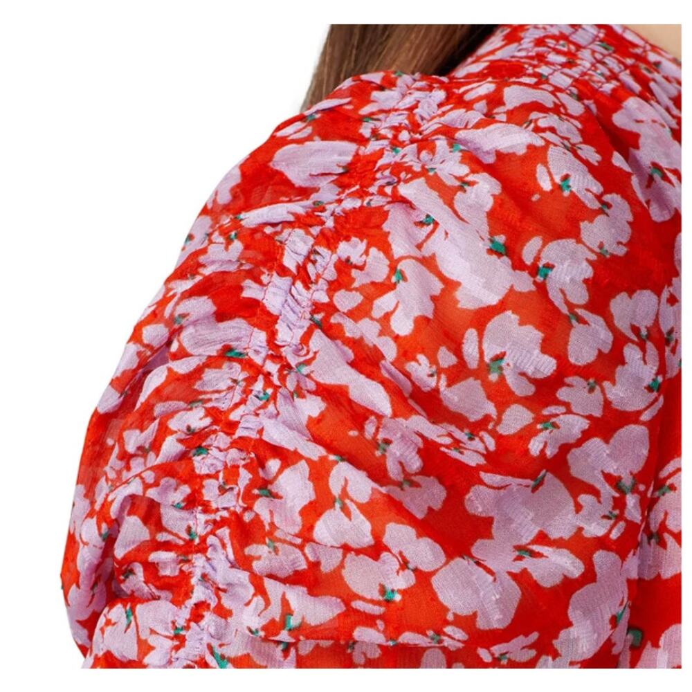 Tanya Taylor Red Floral Mini Wrap Dress Size 4 Silk Chiffon Ruched Designer $500 - Picture 6 of 13